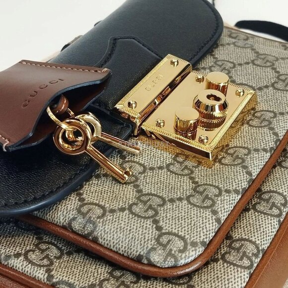 Gucci Tri Color Padlock Supreme Shoulder Bag Leather Handbag Gold Black Brown NW - Picture 1 of 10